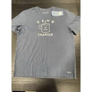 NWT Men's Life Is Good Game Changer Hot Mug Coffee Dk Blue SS Crusher Tee